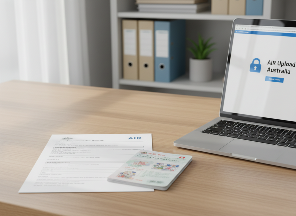 A neatly arranged vaccination record station featuring a close-up of a crisp Australian Immunisation Register (AIR) printout alongside a foreign-language vaccination booklet, both resting on a light oak desk. A modern silver laptop displays a secure portal screen with a subtle padlock icon and the words “AIR Upload Australia” clearly visible. Soft daylight filters in from an unseen window, creating gentle reflections on the laptop screen and subtle shadows under the documents. The background is softly blurred, showing organized shelves with labeled folders and a small green plant for a touch of calm. Photographic realism, eye-level composition, clean and modern aesthetic, conveying trust, professionalism, and simplicity.